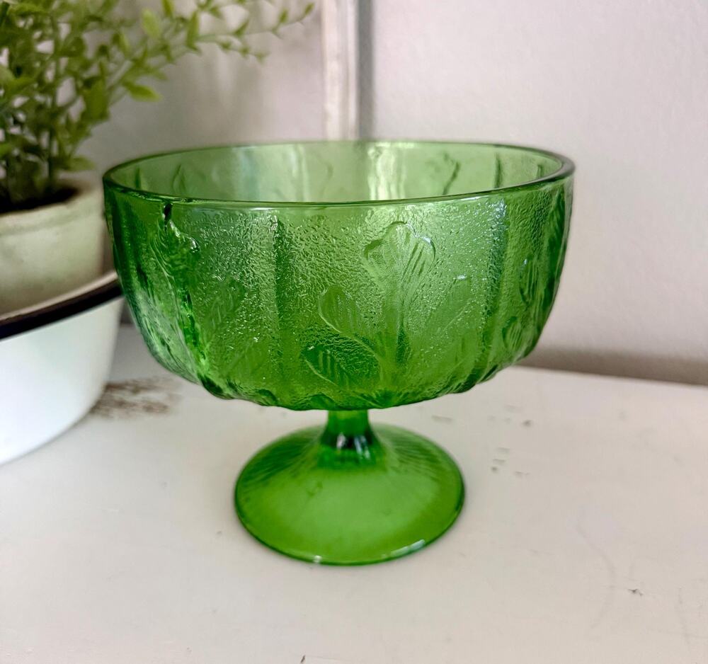Vintage FTD Green Glass Oak Leaf Pedestal Bowl | 1970s Avocado Pressed Glass